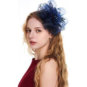 🆕Women Navy Organza Fascinator with Flower Mesh Feathers Tea Party Hat Headband
